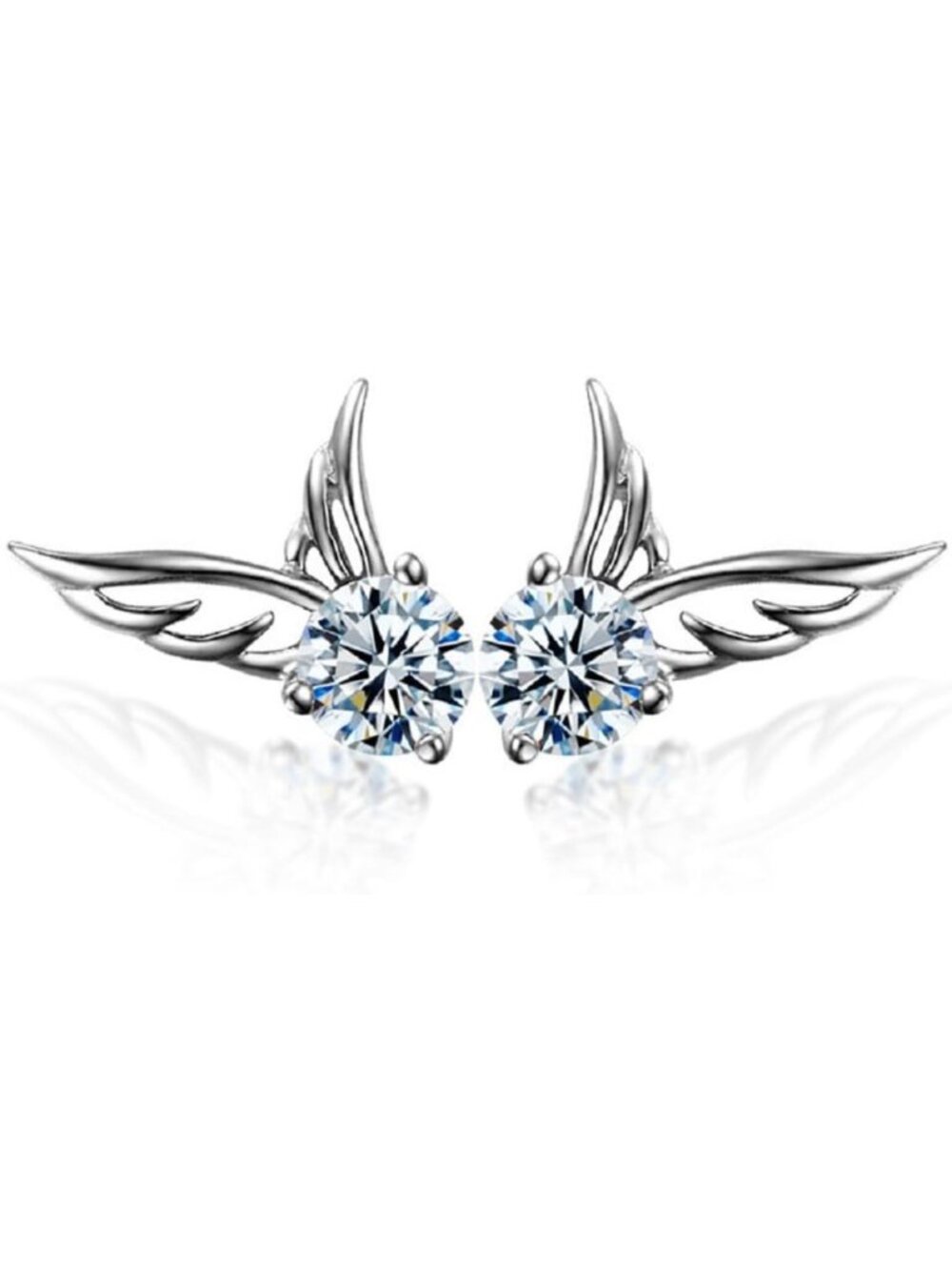 Elegant Angel Wings Stud Earrings with White Crystals | 18K White Gold Plated